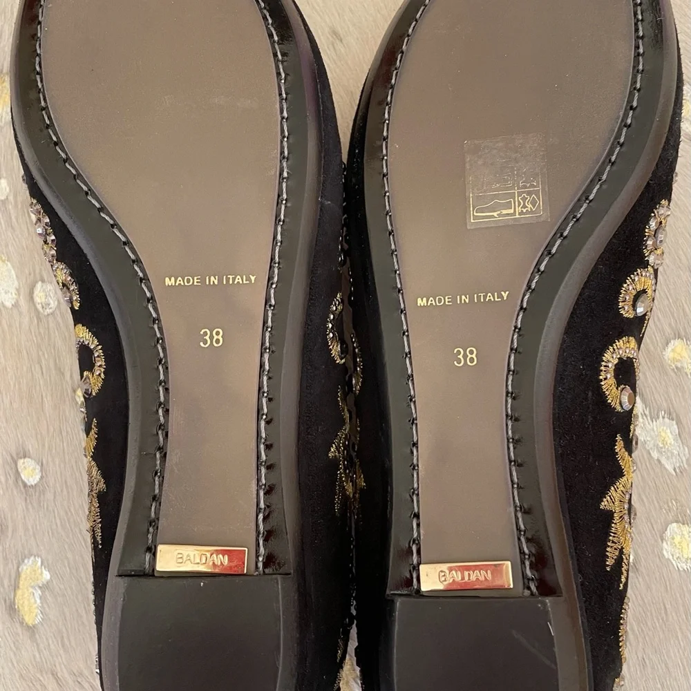 BALDAN black, gold embellished suede flat in 38EU..Never worn - Picture 6 of 7